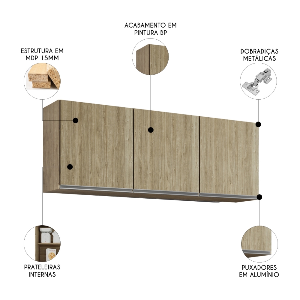 Armário de Cozinha Aéreo 150cm Com 3 Portas Argélia Castanho - Lumil