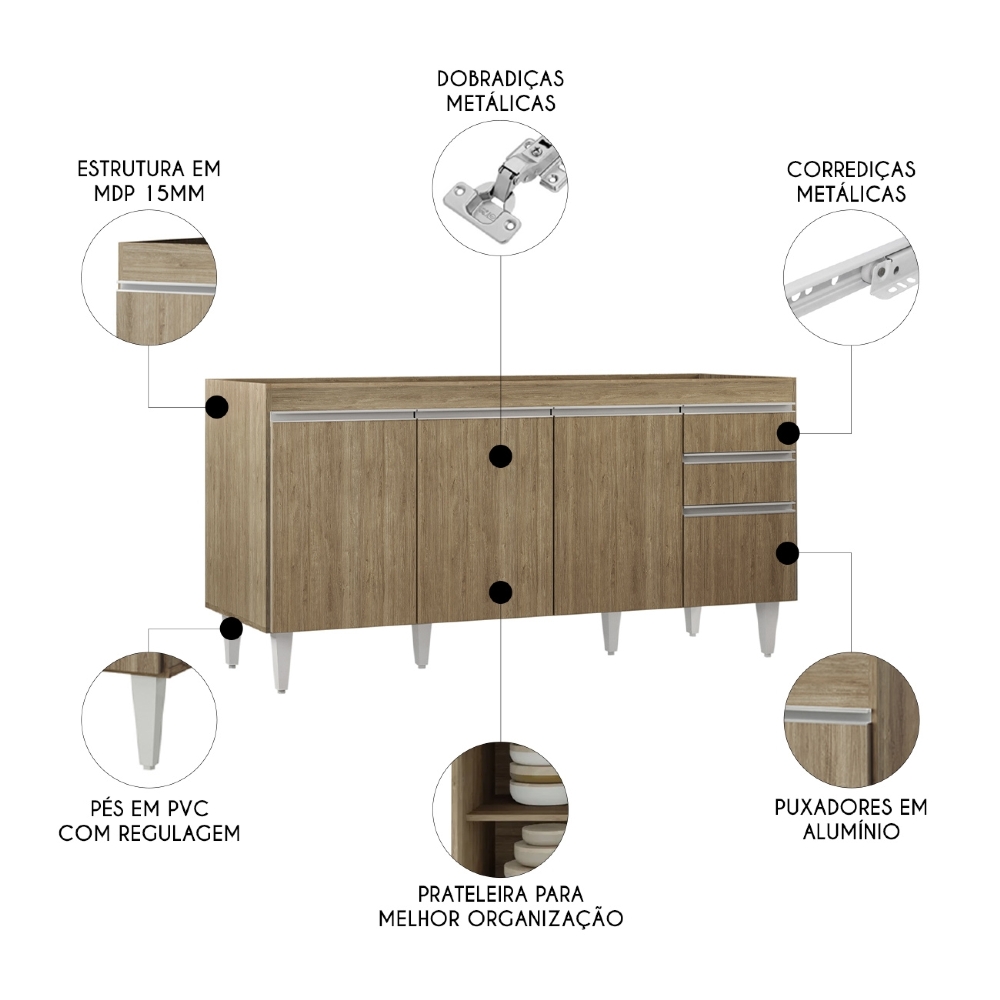 Balcão de Cozinha Para Pia 160cm Sem Tampo Arkansas Castanho - Lumil