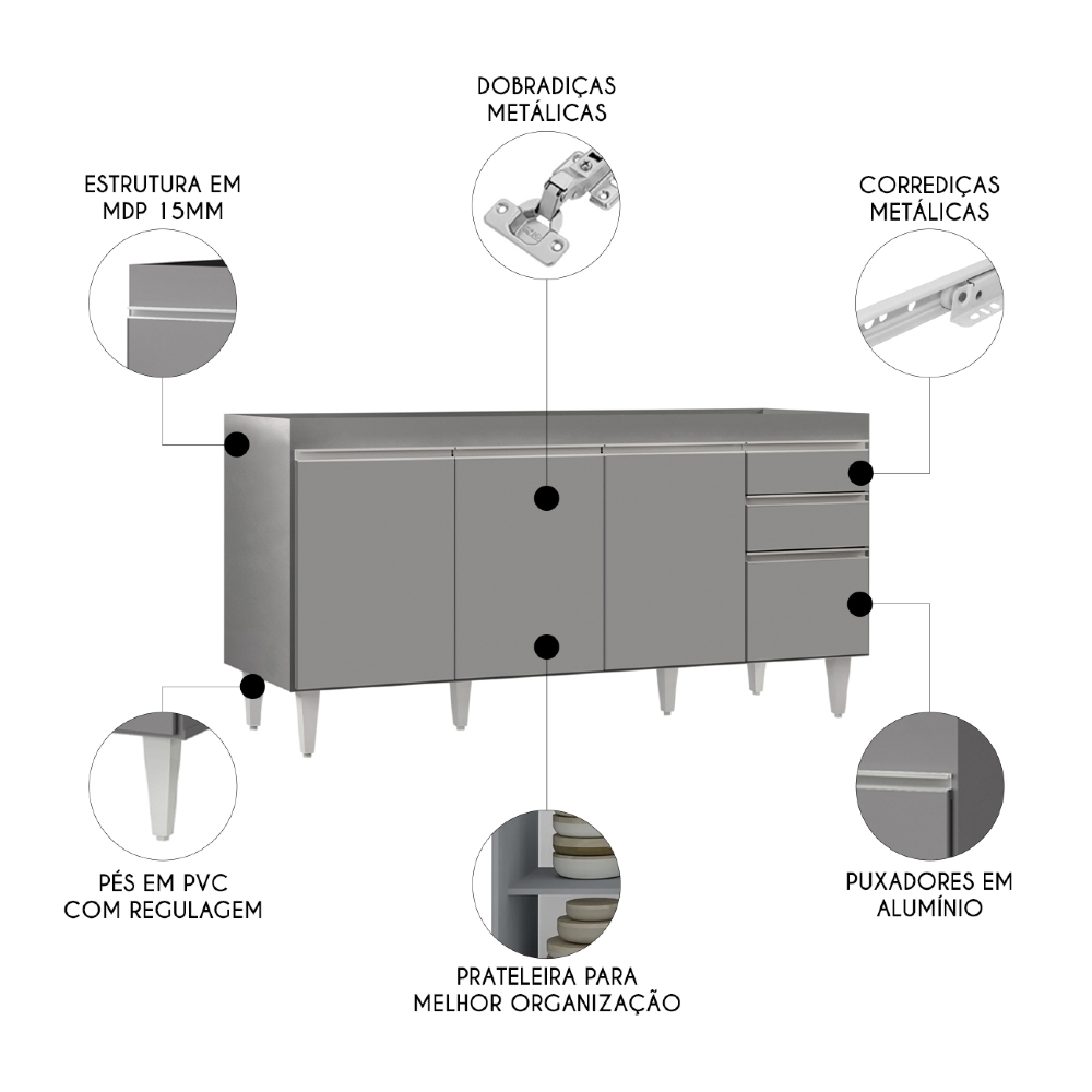 Balcão de Cozinha Para Pia 160cm Sem Tampo Arkansas Cinza   - Lumil