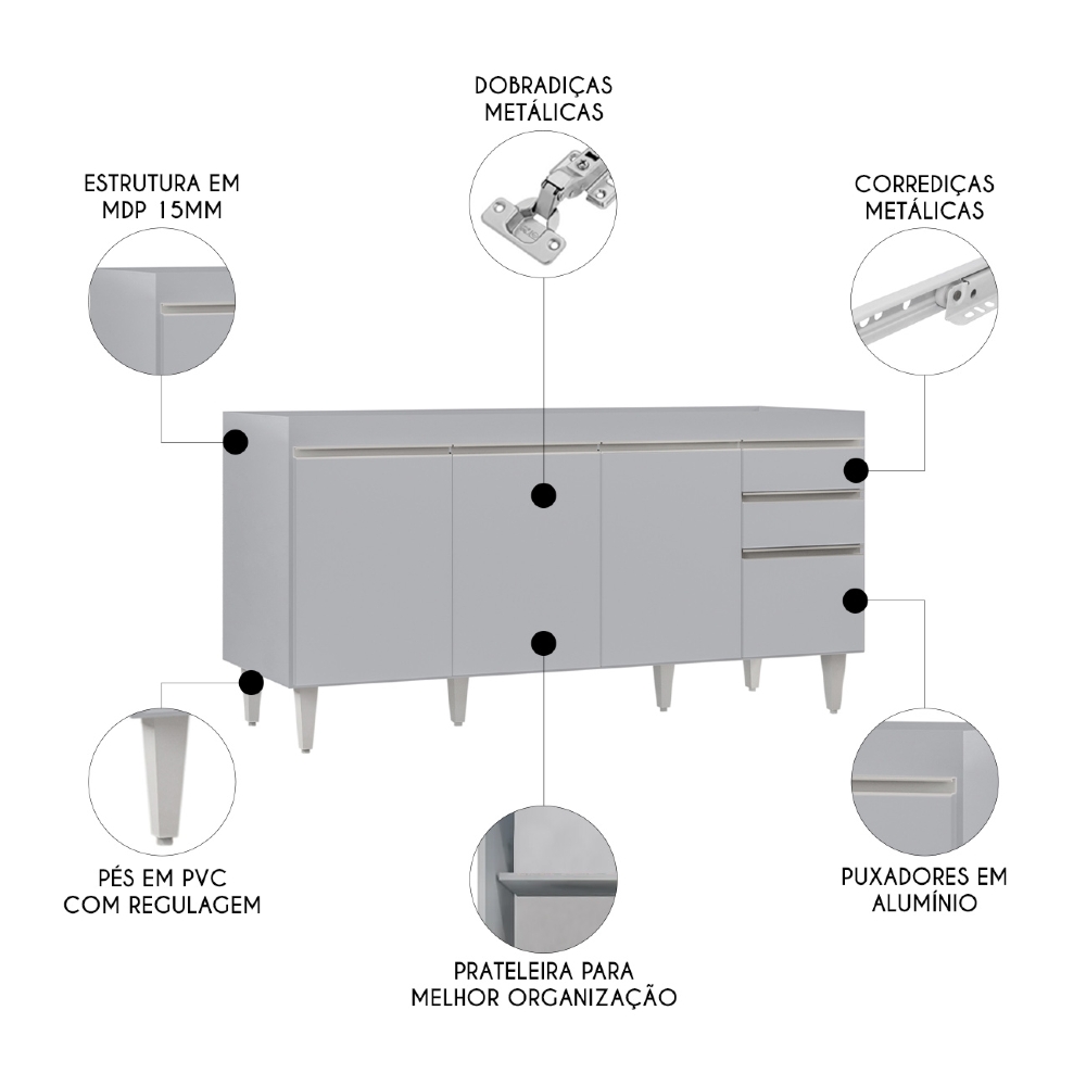 Balcão de Cozinha Para Pia 160cm Sem Tampo Arkansas Cinza Claro - Lumil