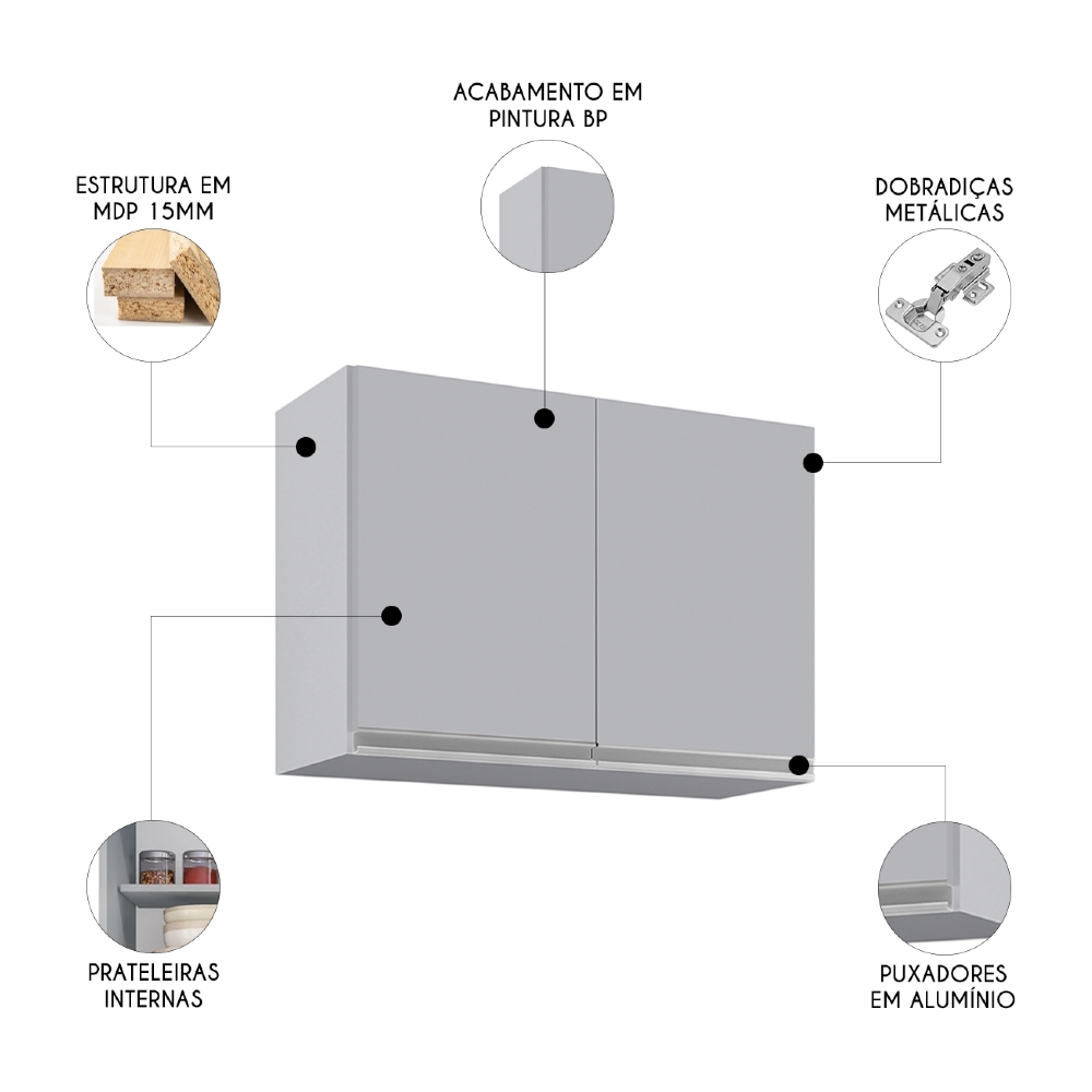 Armário de Cozinha Aéreo 80cm 2 Portas Califórnia Cinza Claro - Lumil