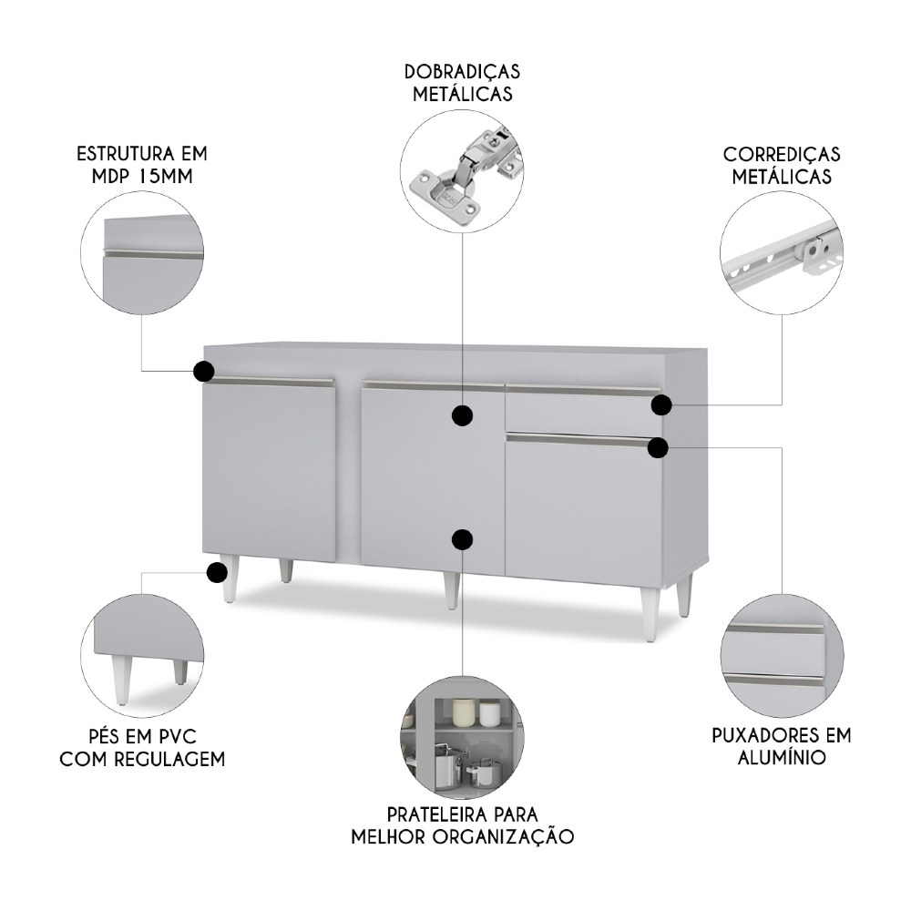 Balcão de Cozinha Para Pia 150cm Sem Tampo Dakota Cinza Claro - Lumil