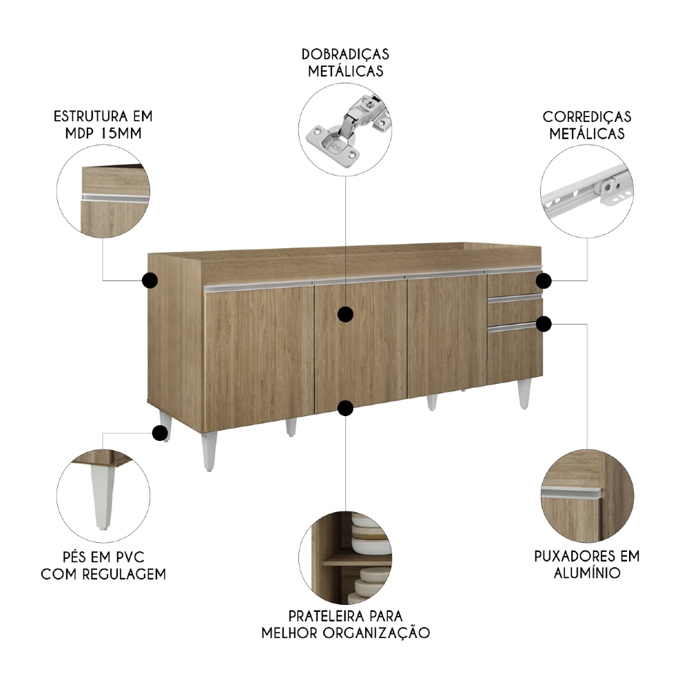 Balcão de Cozinha Para Pia 180cm Sem Tampo Dallas Castanho   - Lumil