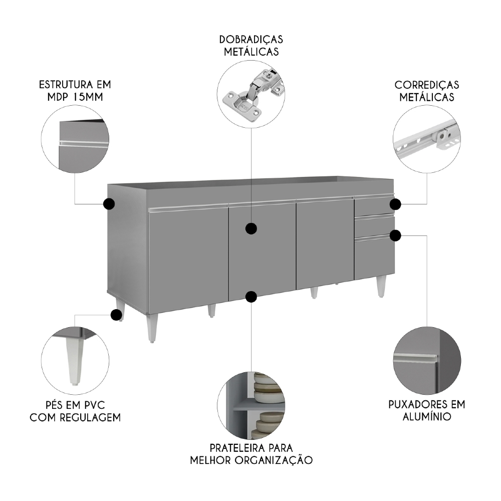 Balcão de Cozinha Para Pia 180cm Sem Tampo Dallas Cinza      - Lumil