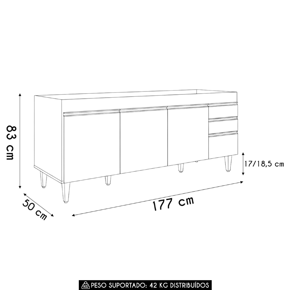 Balcão de Cozinha Para Pia 180cm Sem Tampo Dallas Cinza      - Lumil
