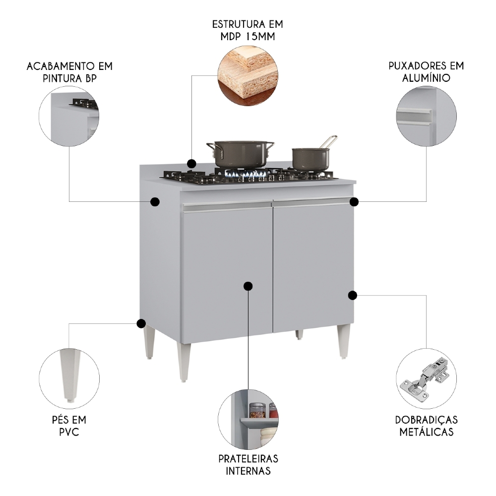 Balcão de Cozinha Para Cooktop 80cm Flórida Cinza Claro     - Lumil
