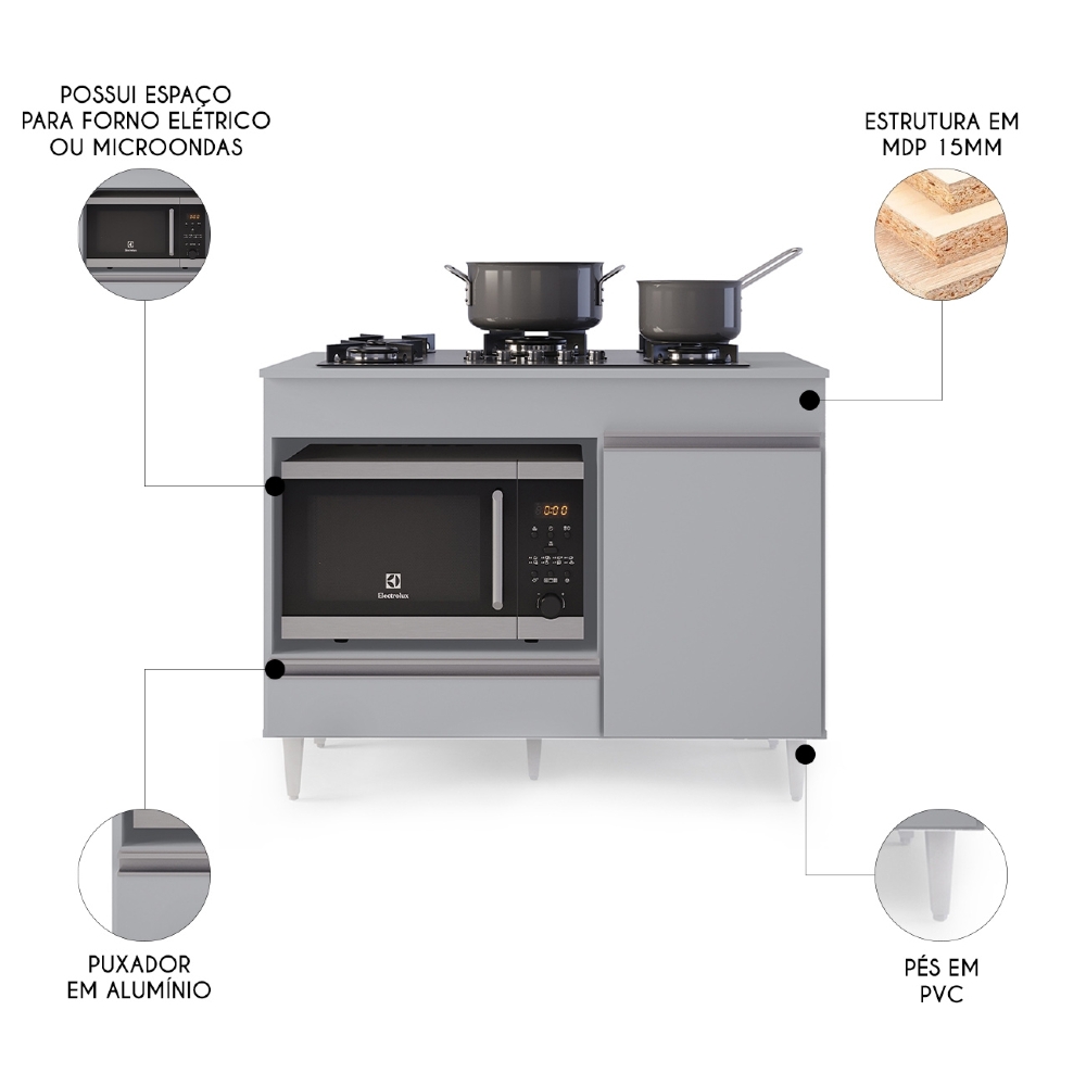 Balcão de Cozinha 102cm Para Cooktop Georgia Cinza Claro    - Lumil