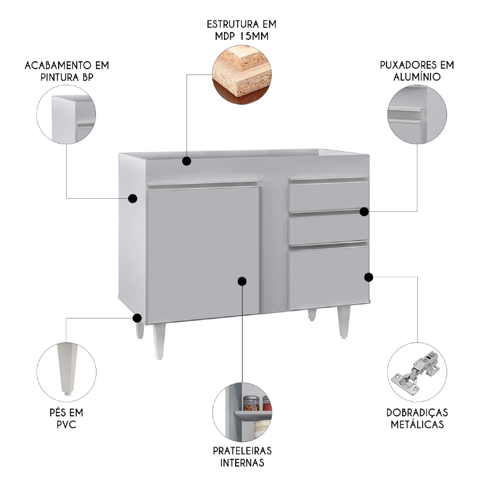 Balcão de Cozinha Para Pia 100cm Sem Tampo Luziania Cinza Claro - Lumil