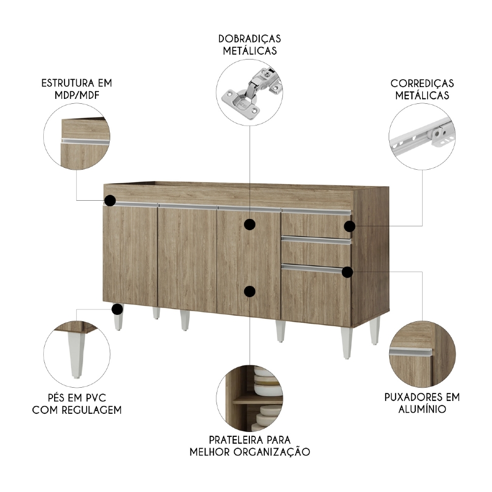 Balcão de Cozinha Para Pia 150cm Sem Tampo Marrocos Castanho - Lumil