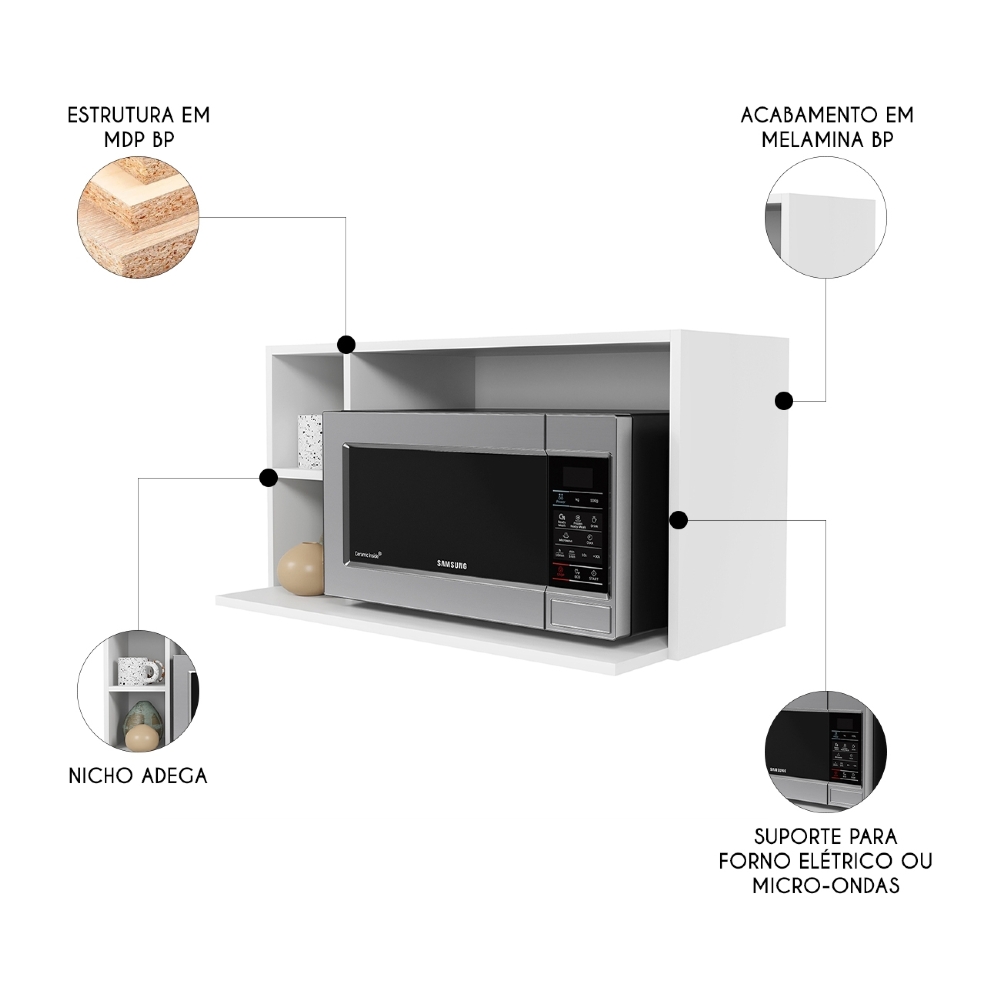 Suporte Microondas Aéreo 81cm com Nicho Adega Miami Branco  - Lumil