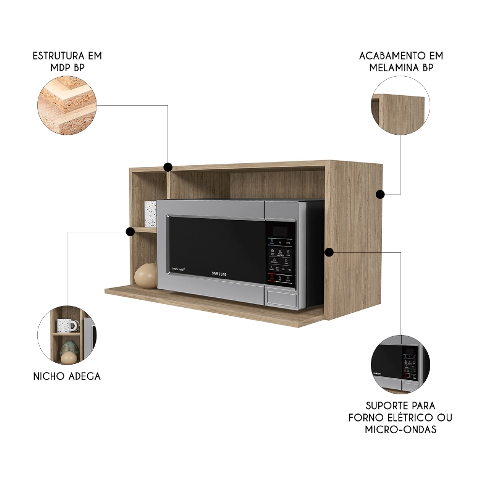 Suporte Microondas Aéreo 81cm com Nicho Adega Miami Castanho - Lumil
