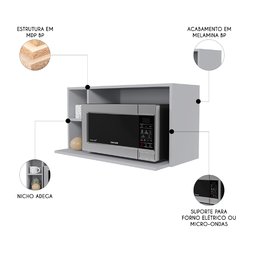 Suporte Microondas Aéreo 81cm com Nicho Adega Miami Cinza Claro - Lumil