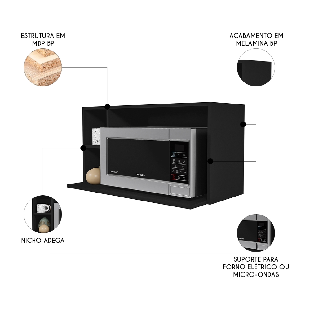 Suporte Microondas Aéreo 81cm com Nicho Adega Miami Preto   - Lumil