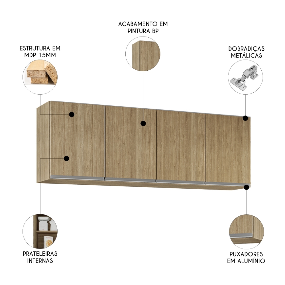 Armário de Cozinha Aéreo 160cm Com 4 Portas Nevada Castanho - Lumil