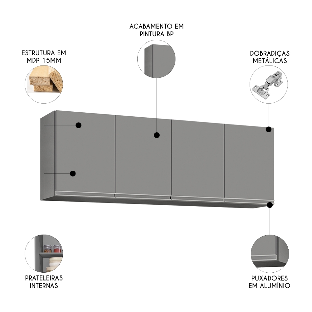 Armário de Cozinha Aéreo 160cm Com 4 Portas Nevada Cinza    - Lumil
