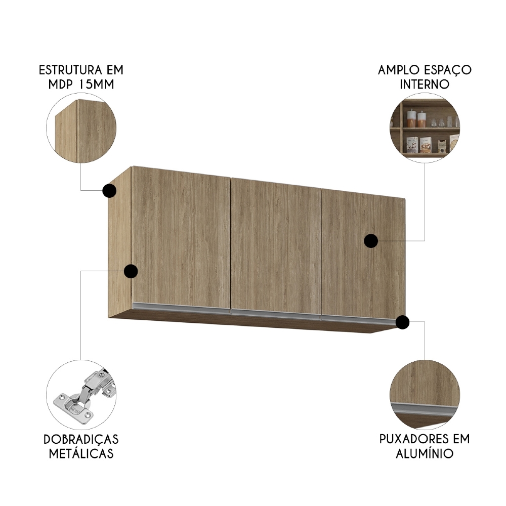 Armário de Cozinha Aéreo 120cm 3 Portas Virgínia Castanho   - Lumil