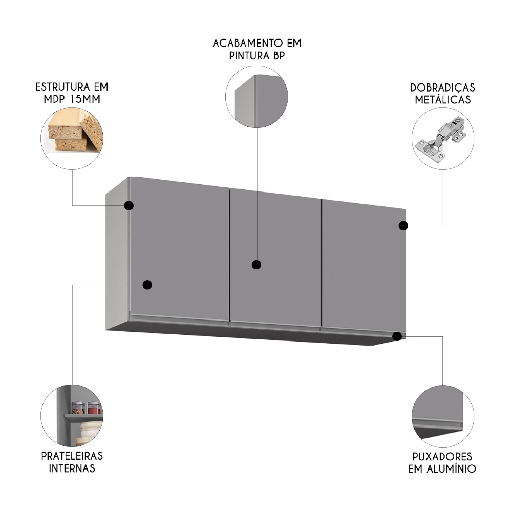 Armário de Cozinha Aéreo 120cm 3 Portas Virgínia Cinza      - Lumil