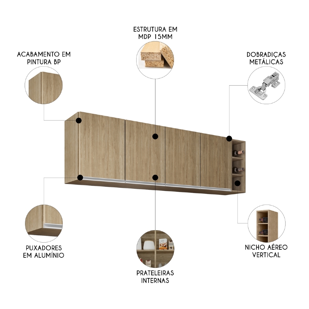 Armário de Cozinha Aéreo 180cm Nevada Com Nicho Castanho    - Lumil