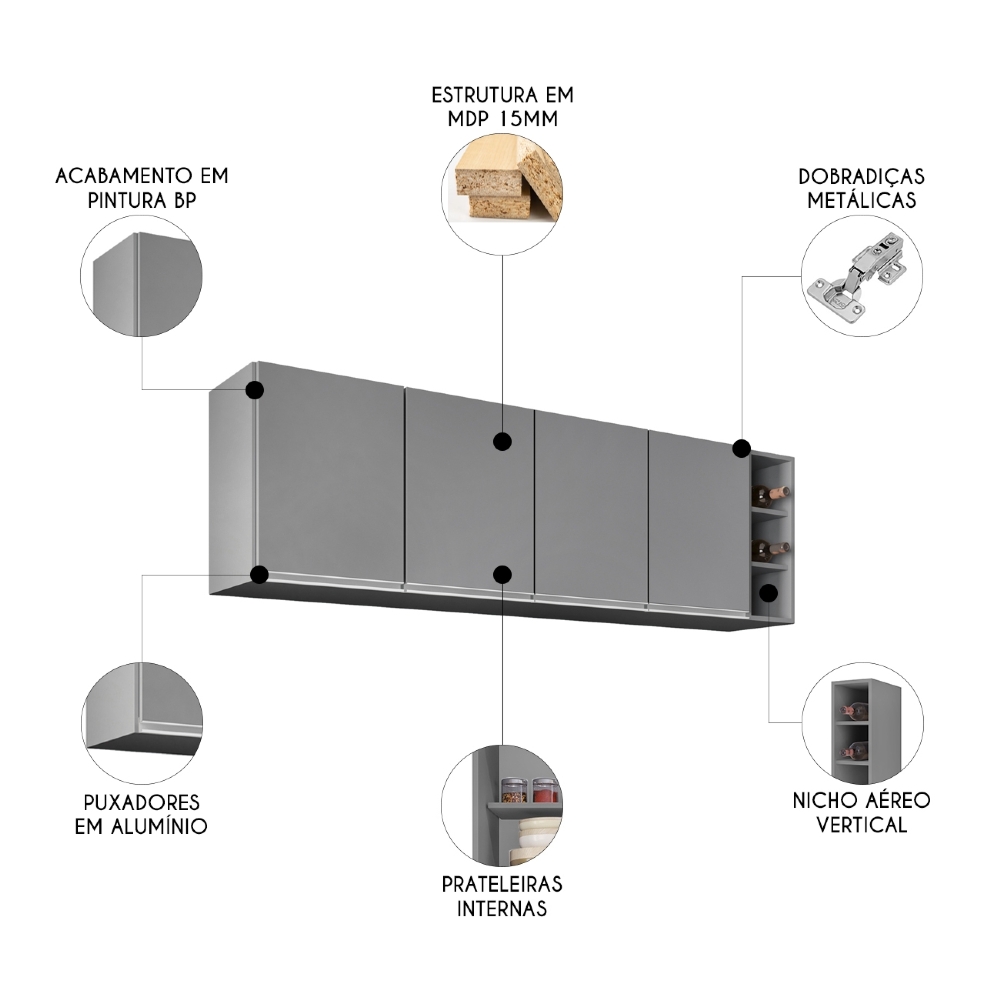 Armário de Cozinha Aéreo 180cm Nevada Com Nicho Cinza       - Lumil