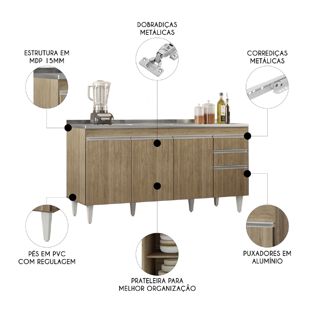 Balcão de Cozinha Com Pia Inox 160cm Arkansas Castanho      - Lumil