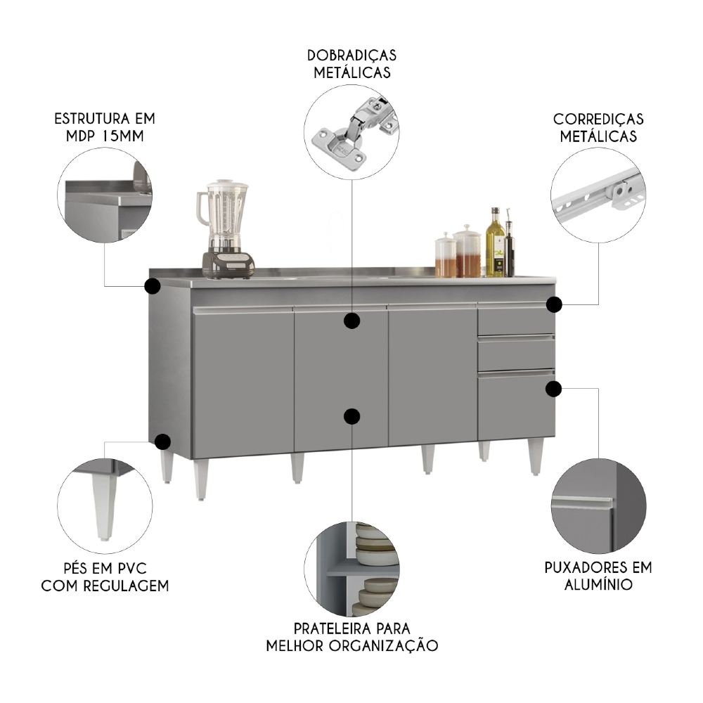 Balcão de Cozinha Com Pia Inox 160cm Arkansas Cinza         - Lumil