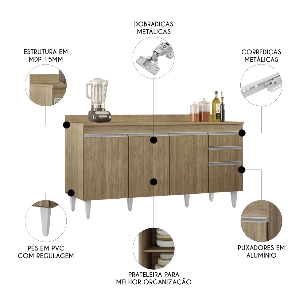 Balcão de Cozinha Para Pia Com Tampo 160cm Arkansas Castanho - Lumil