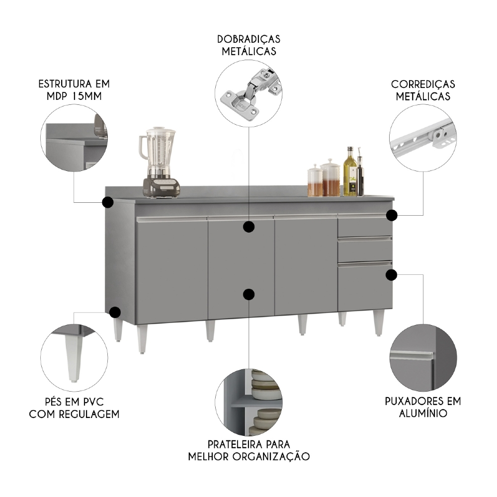 Balcão de Cozinha Para Pia Com Tampo 160cm Arkansas Cinza   - Lumil