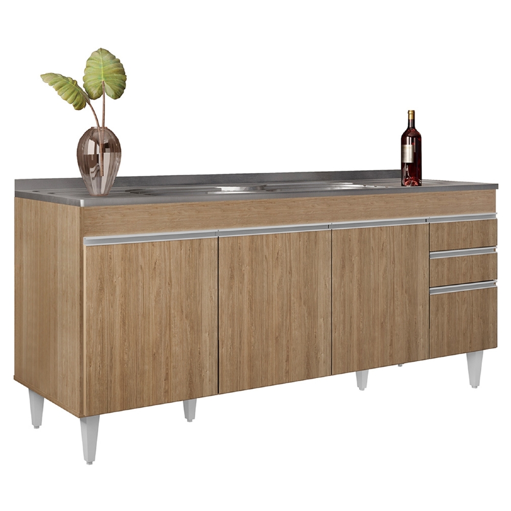 Balcão de Cozinha Com Pia Inox 180cm Dallas Castanho        - Lumil