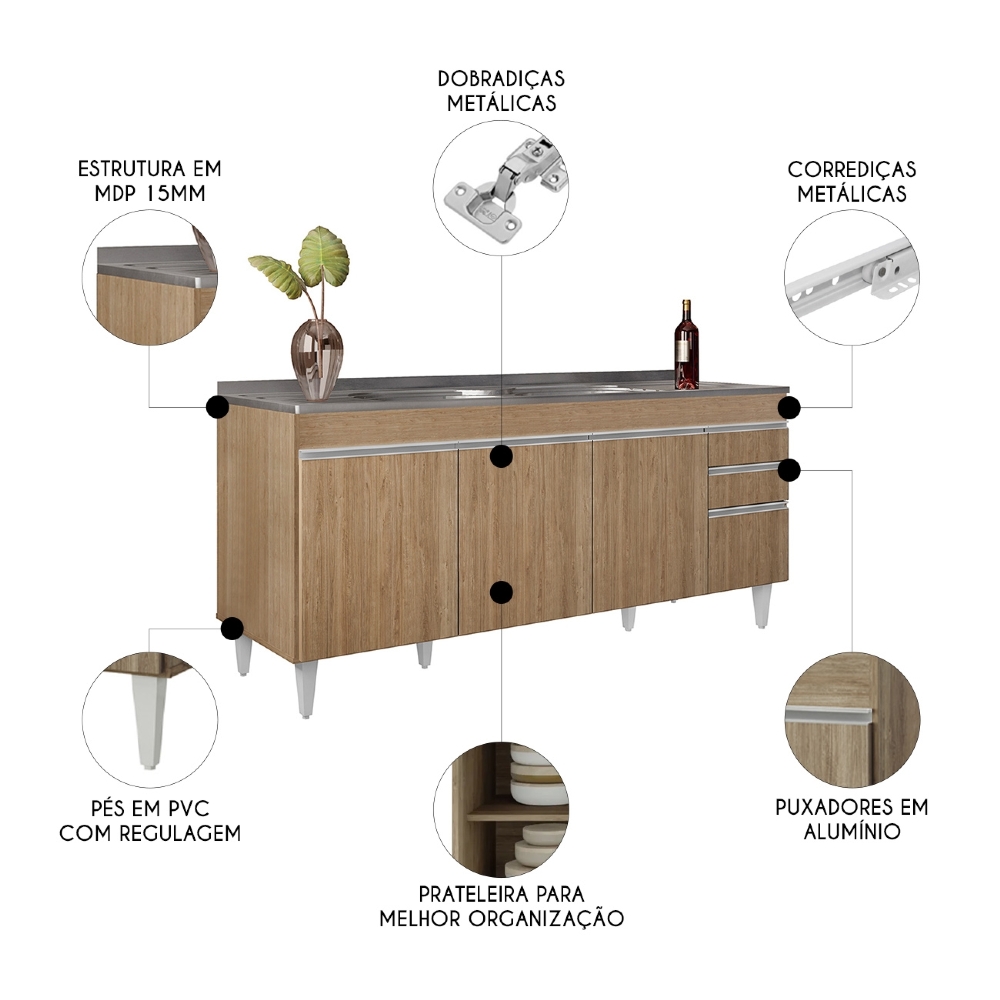 Balcão de Cozinha Com Pia Inox 180cm Dallas Castanho        - Lumil