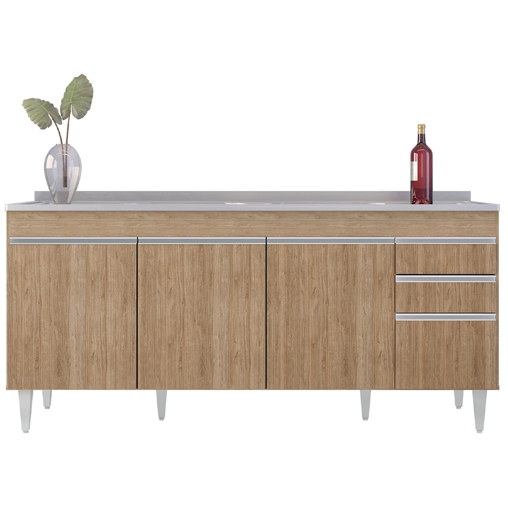 Balcão de Cozinha Com Pia Inox 180cm Dallas Castanho        - Lumil