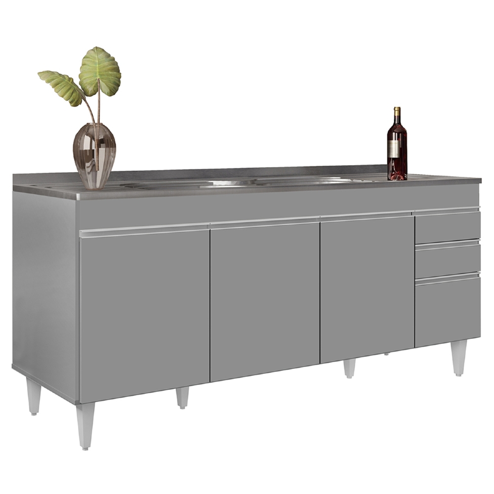 Balcão de Cozinha Com Pia Inox 180cm Dallas Cinza           - Lumil