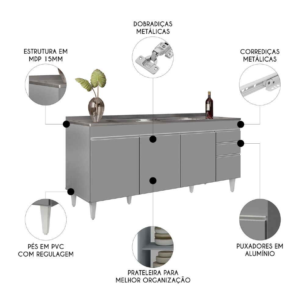 Balcão de Cozinha Com Pia Inox 180cm Dallas Cinza           - Lumil