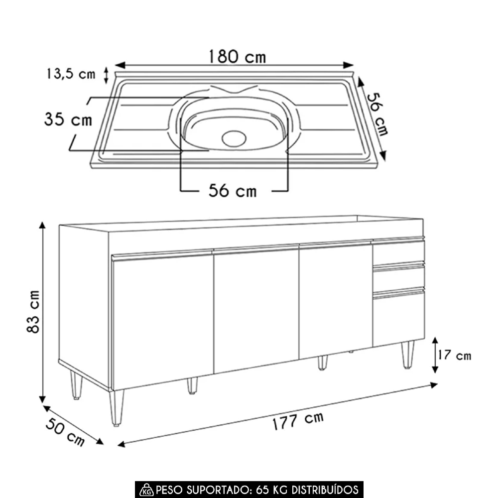 Balcão de Cozinha Com Pia Inox 180cm Dallas Cinza           - Lumil