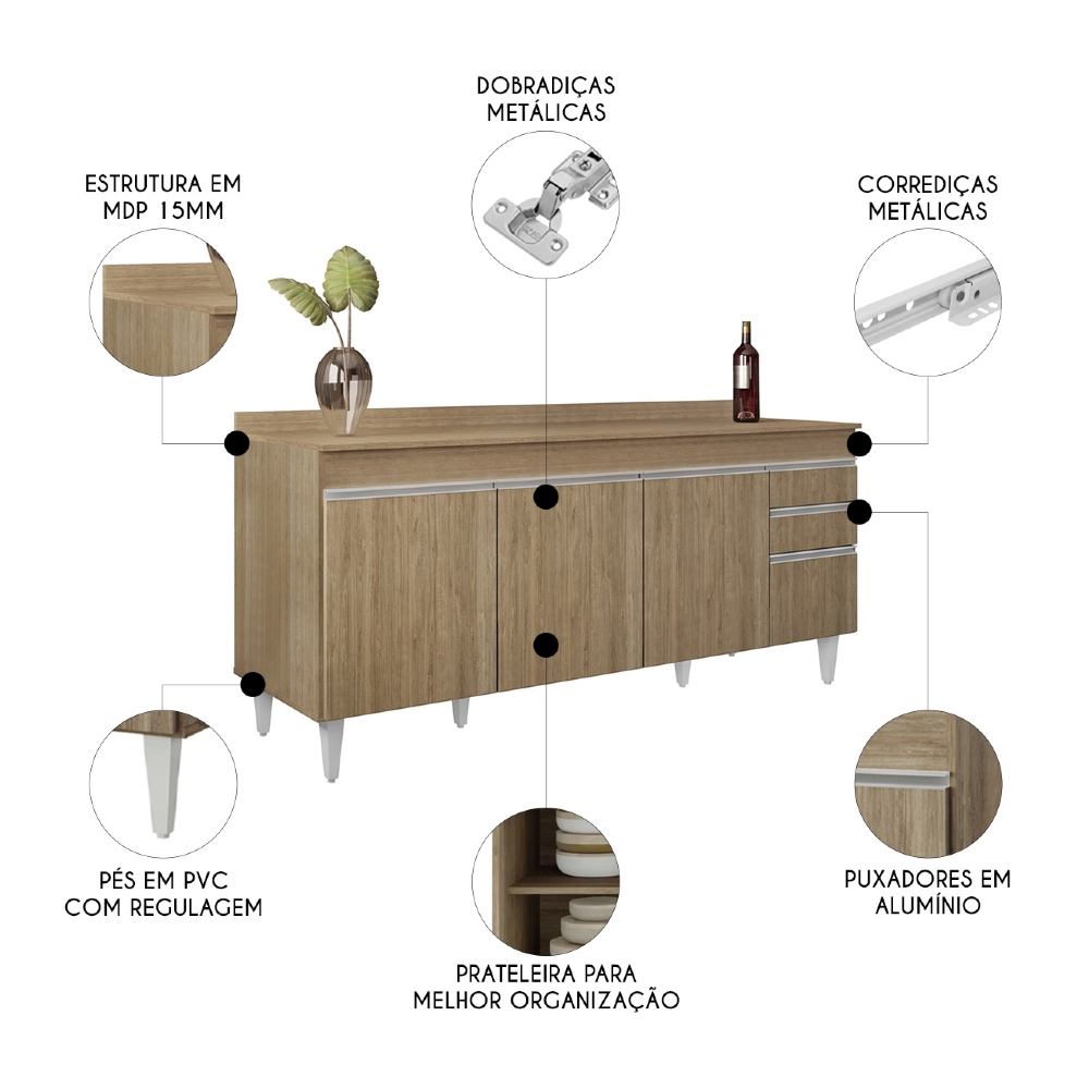 Balcão de Cozinha Para Pia Com Tampo 180cm Dallas Castanho  - Lumil