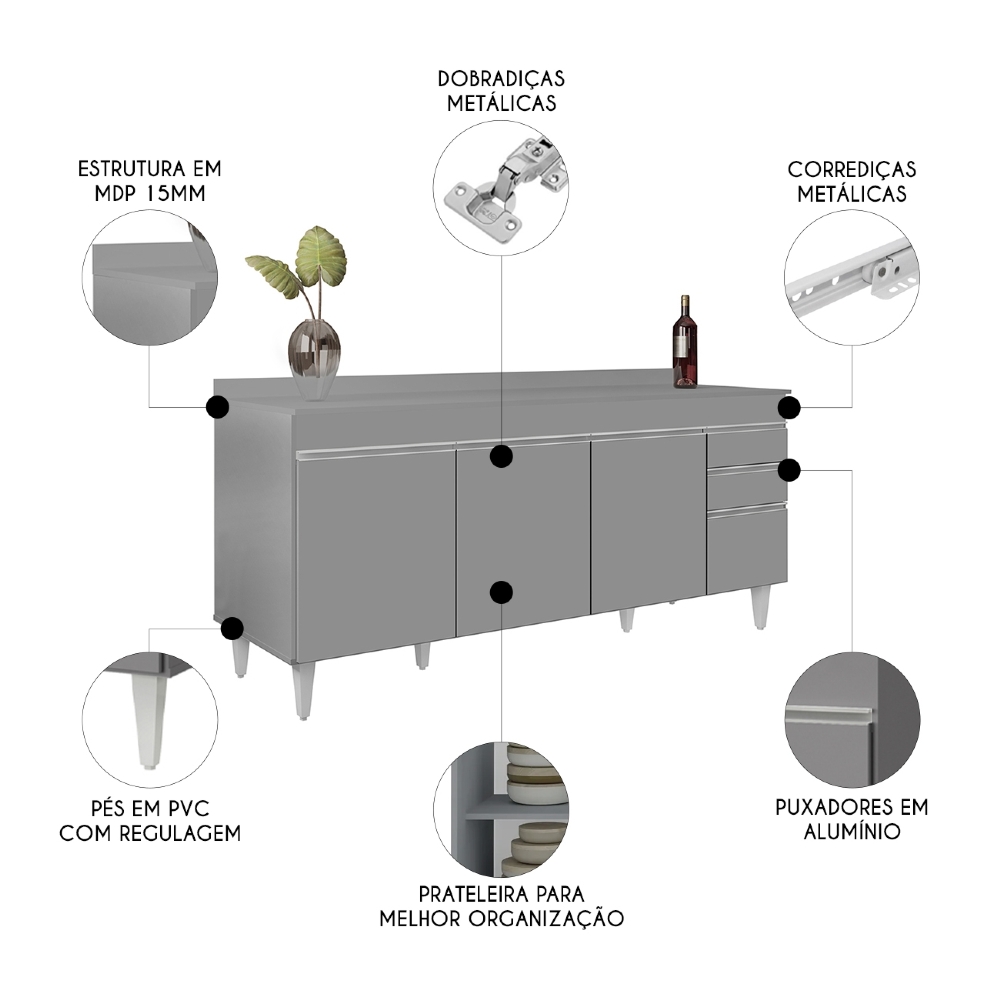 Balcão de Cozinha Para Pia Com Tampo 180cm Dallas Cinza     - Lumil