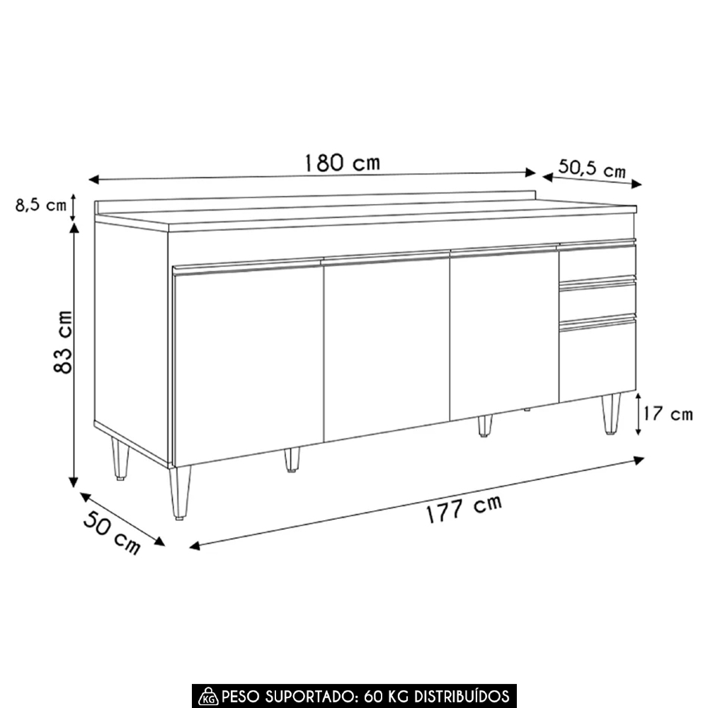 Balcão de Cozinha Para Pia Com Tampo 180cm Dallas Cinza     - Lumil