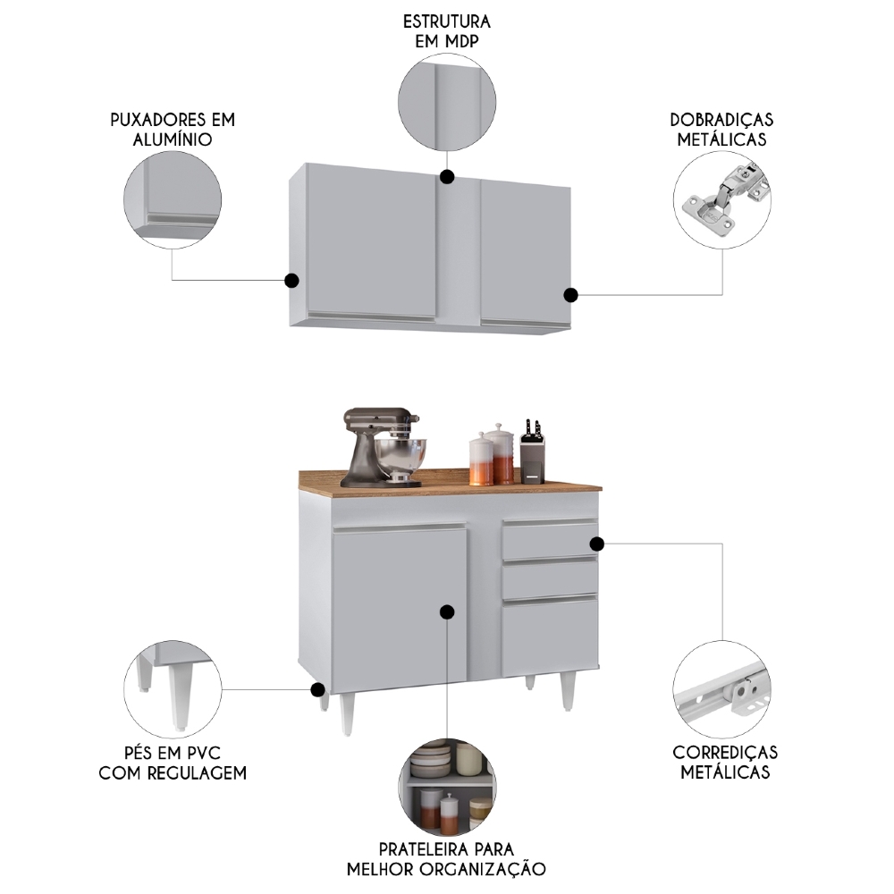 Armário Cozinha e Balcão Com Tampo 100cm Luziania Cinza Claro/Castanho - Lumil
