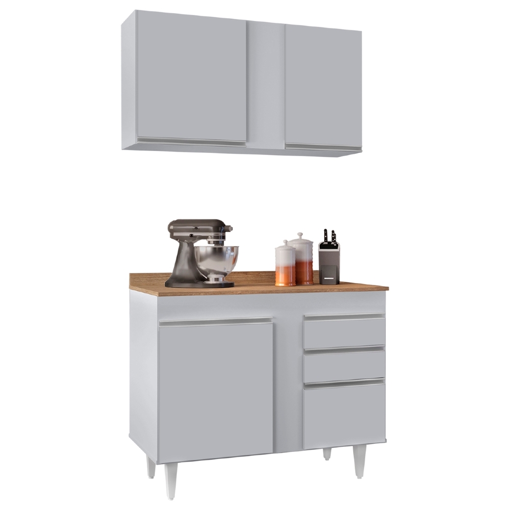 Armário Cozinha e Balcão Com Tampo 100cm Luziania Cinza Claro/Castanho - Lumil