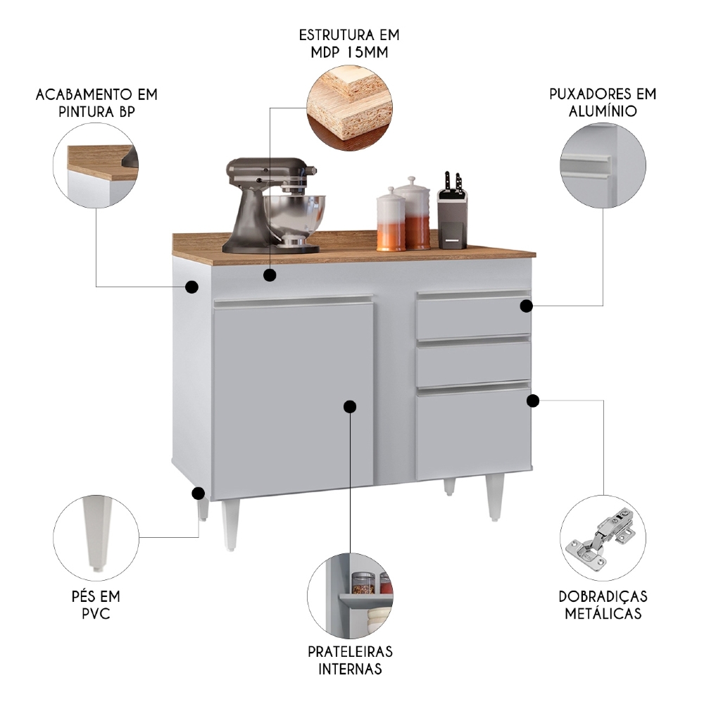 Balcão de Cozinha Para Pia Com Tampo 100cm Luziania Cinza Claro/Castanho - Lumil
