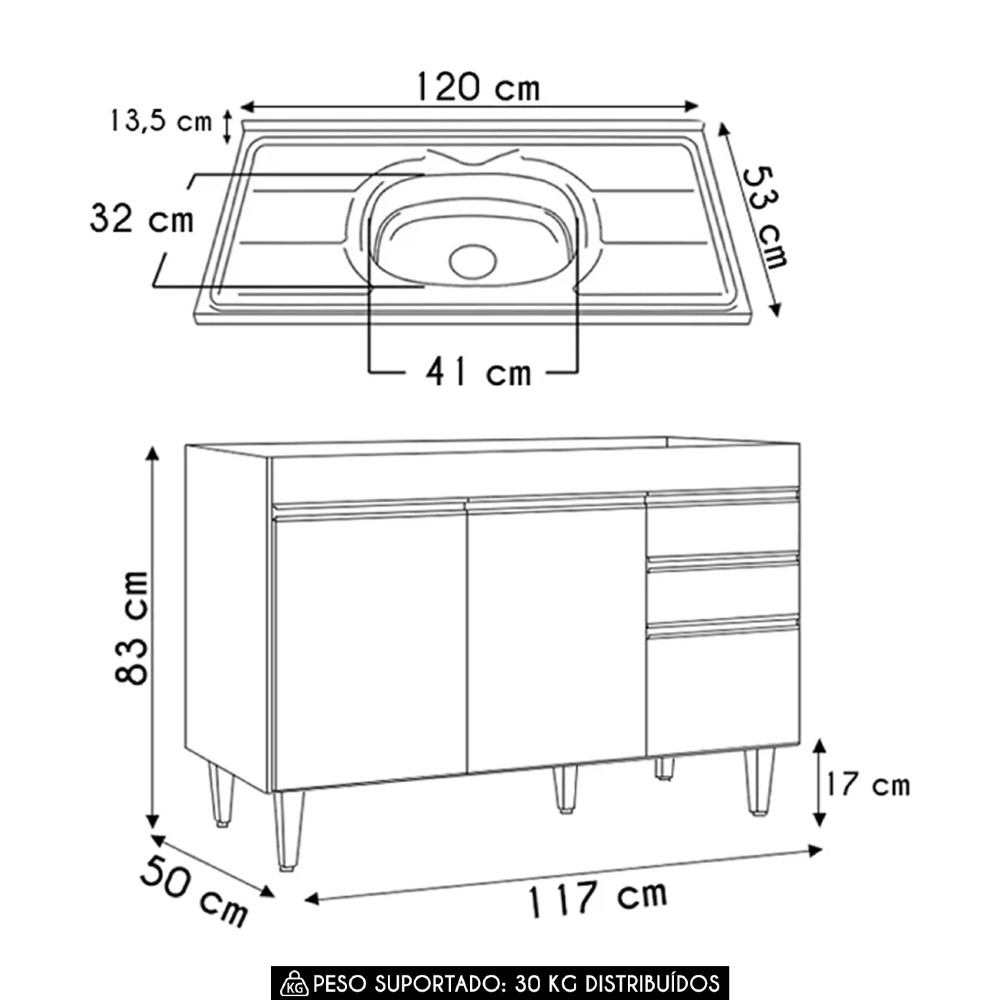 Balcão de Cozinha Com Pia Inox 120cm Michigan Cinza         - Lumil