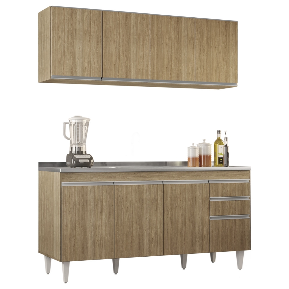 Armário Cozinha e Balcão Com Pia 160cm Arkansas Castanho    - Lumil