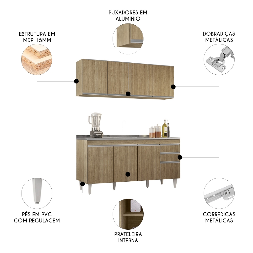 Armário Cozinha e Balcão Com Pia 160cm Arkansas Castanho    - Lumil