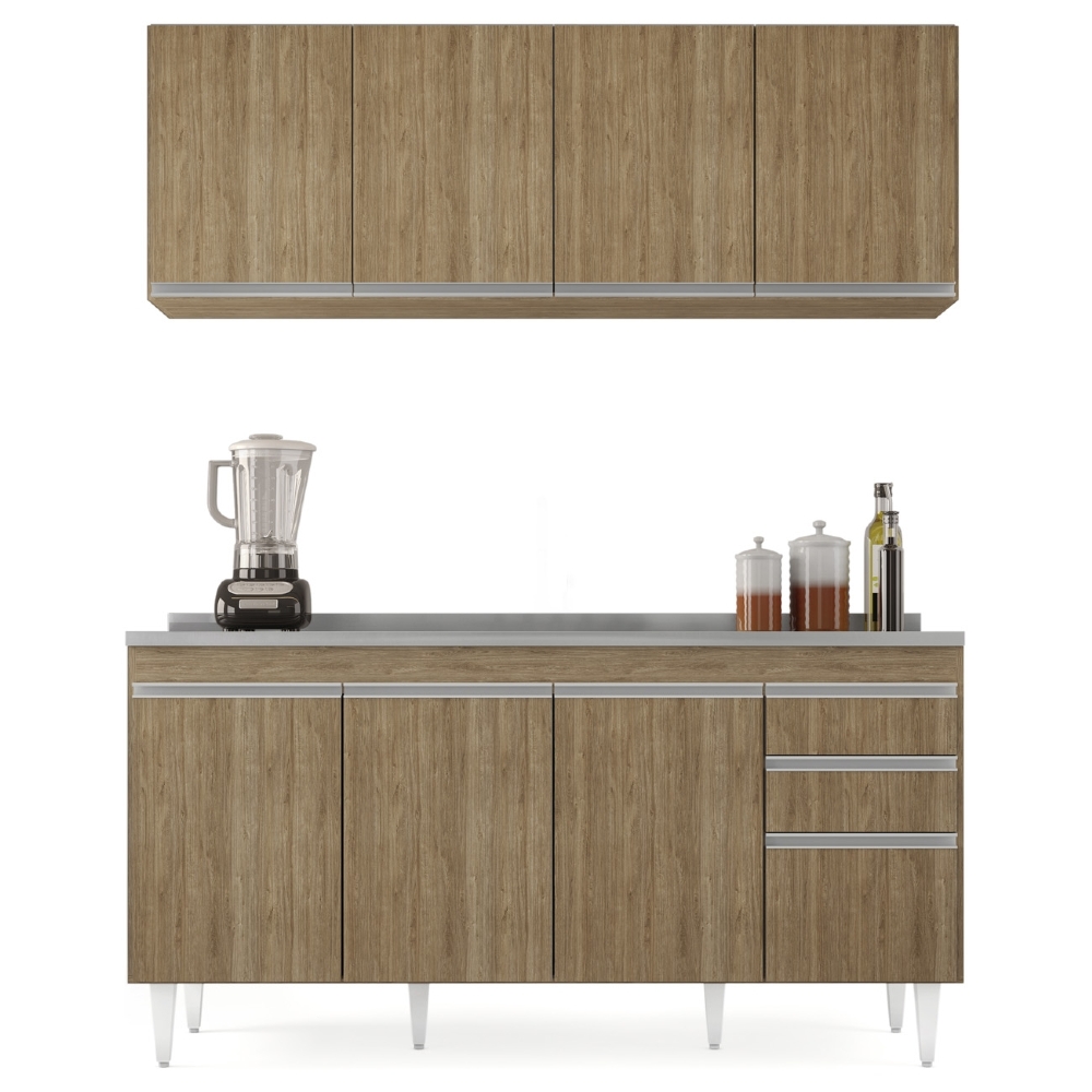 Armário Cozinha e Balcão Com Pia 160cm Arkansas Castanho    - Lumil