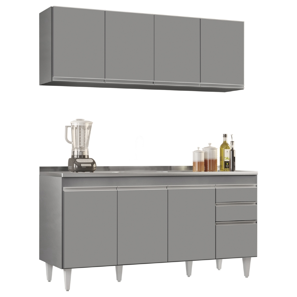 Armário Cozinha e Balcão Com Pia 160cm Arkansas Cinza       - Lumil