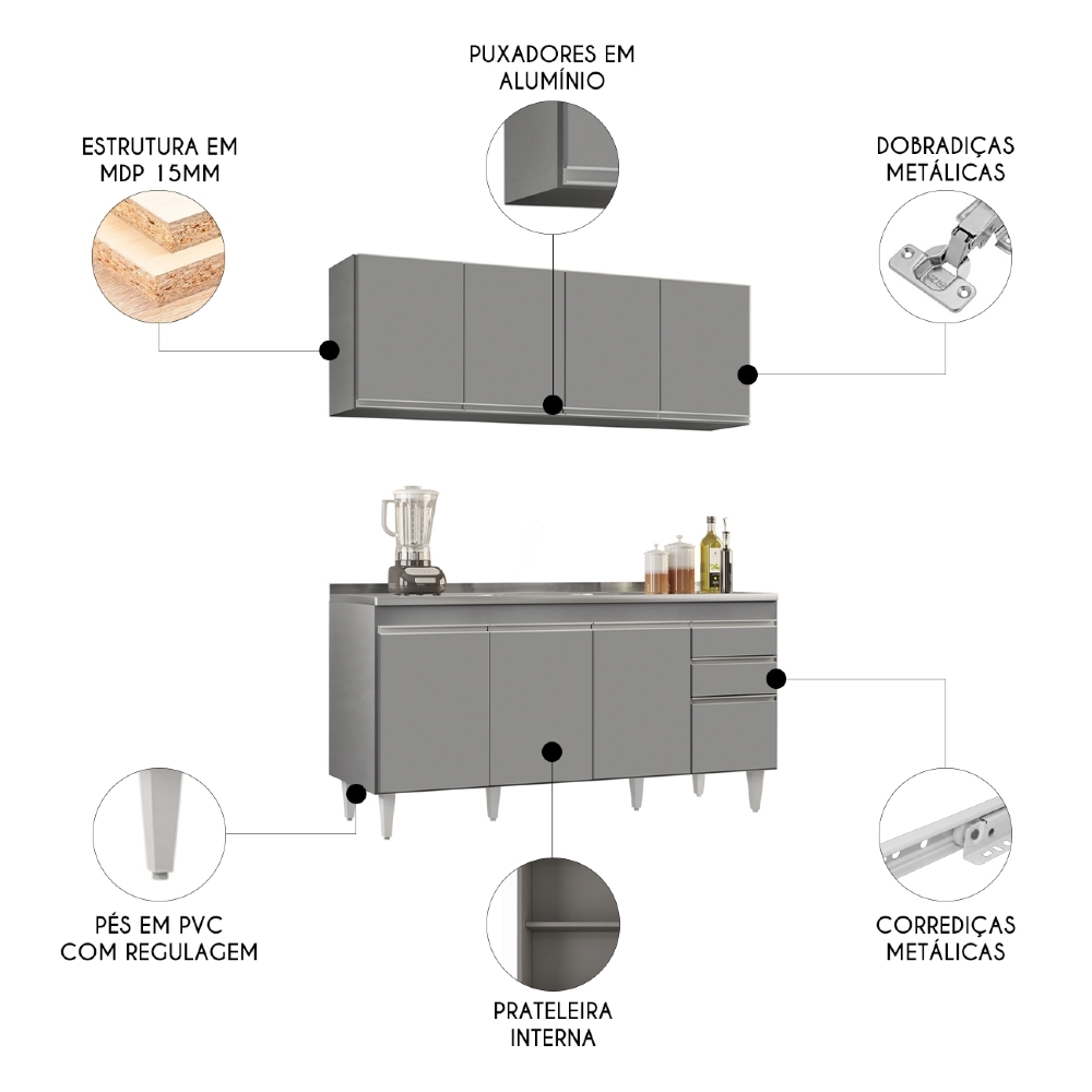Armário Cozinha e Balcão Com Pia 160cm Arkansas Cinza       - Lumil