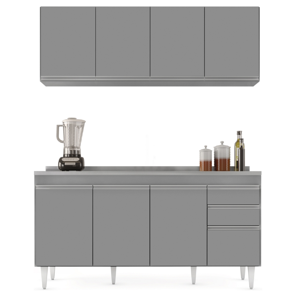 Armário Cozinha e Balcão Com Pia 160cm Arkansas Cinza       - Lumil