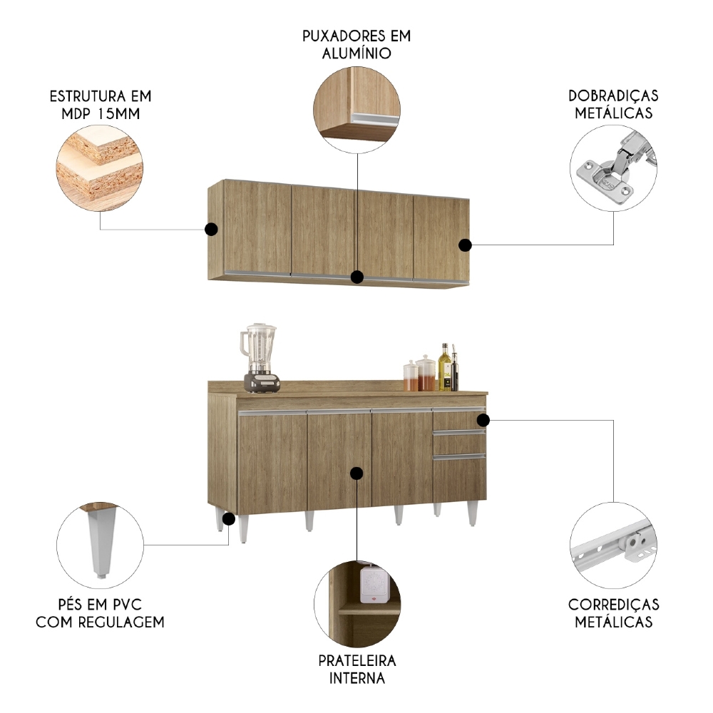 Armário Cozinha e Balcão Com Tampo 160cm Arkansas Castanho  - Lumil