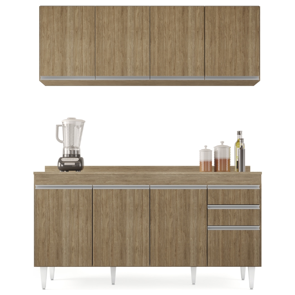 Armário Cozinha e Balcão Com Tampo 160cm Arkansas Castanho  - Lumil