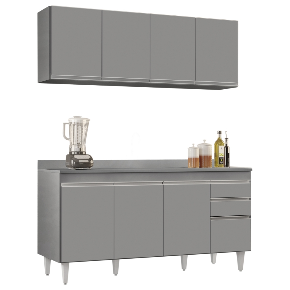 Armário Cozinha e Balcão Com Tampo 160cm Arkansas Cinza     - Lumil