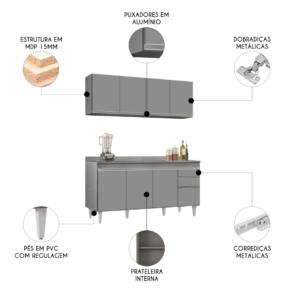 Armário Cozinha e Balcão Com Tampo 160cm Arkansas Cinza     - Lumil
